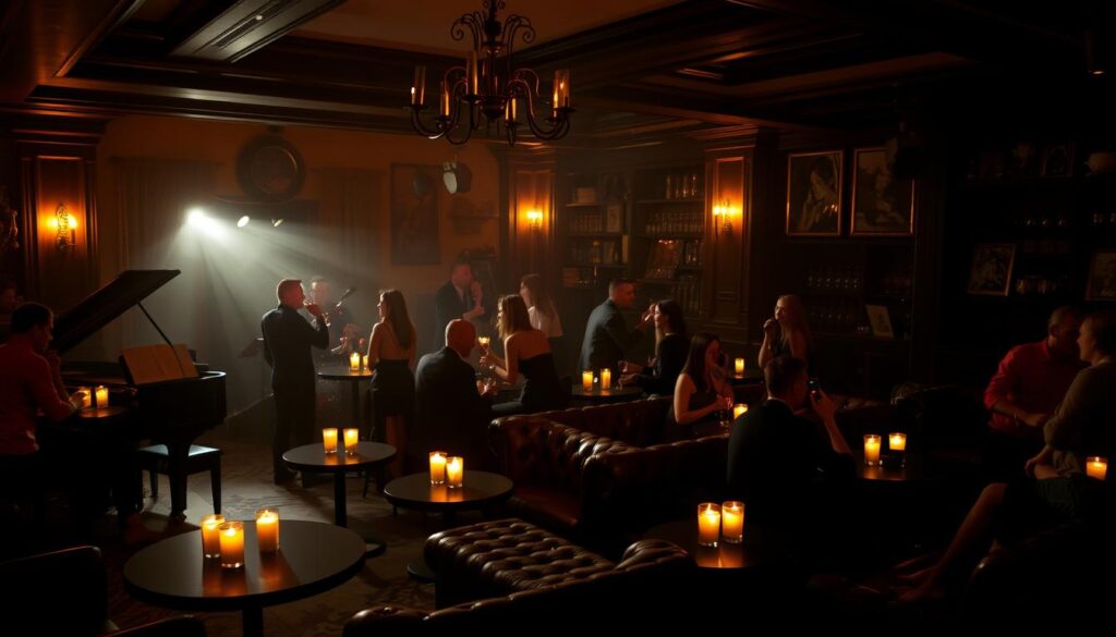 A dimly lit lounge filled with chic couples enjoying live music and cocktails. Soft jazz plays from a grand piano in the corner, casting a warm, intimate glow. Scattered candles flicker on low tables, their flames dancing in the hazy atmosphere. Plush leather couches invite guests to mingle, their conversations punctuated by laughter and the gentle clink of glasses. Overhead, a ornate chandelier casts a gentle spotlight, illuminating the stylish, well-dressed attendees. The mood is relaxed yet energetic, a perfect balance of sophistication and sensuality, creating the perfect backdrop for a memorable speed dating experience.