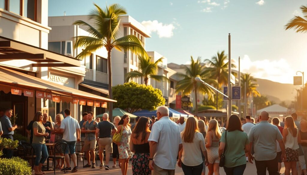 A bustling city street in Waimalu, Hawaii, with a variety of speed dating alternatives in the foreground. In the middle ground, couples mingle at an outdoor cafe, while in the background, a group gathers for a lively salsa dancing class. The scene is bathed in warm, golden sunlight, creating a lively, inviting atmosphere. The image captures the vibrant social scene and diverse array of dating options available in the area.