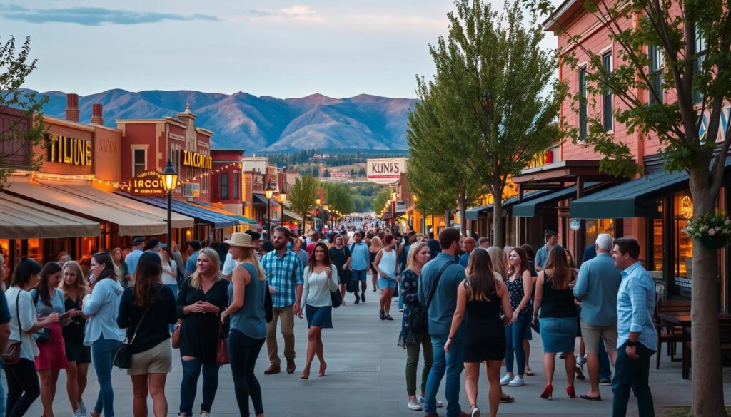 A bustling town square in Kuna, Idaho, bathed in warm evening light. In the foreground, a group of young professionals mingling and chatting animatedly, dressed in stylish attire. In the middle ground, cozy cafes and trendy bars spill out onto the sidewalks, creating a lively, social atmosphere. The background features scenic views of the nearby foothills, hinting at the outdoor recreation opportunities that surround the city. Soft music and the laughter of friends create a welcoming, vibrant mood, inviting the viewer to imagine themselves immersed in the local social scene.
