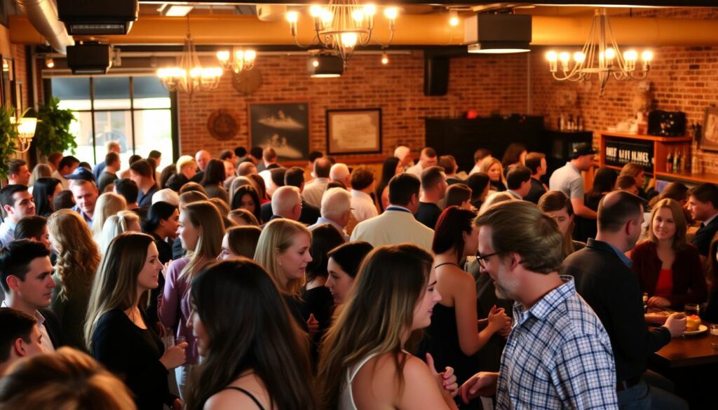 A bustling speed dating event in the heart of Moscow, Idaho. In the foreground, a diverse group of singles mingle and converse, their faces lit by warm, flattering lighting. The middle ground showcases a cozy, intimate setting, with plush seating and decorative accents that create a welcoming atmosphere. In the background, the venue's interior is visible, featuring exposed brick walls, dim chandeliers, and a casual, upscale ambiance. The overall scene conveys a sense of energy, connection, and the anticipation of new romantic possibilities.