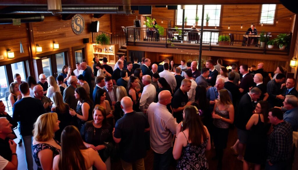 A lively social mixer event in the heart of Eagle, Idaho. A warm, inviting atmosphere with groups of people mingling and chatting animatedly. In the foreground, a stylishly dressed crowd engaged in friendly conversation, drinks in hand. The middle ground features a mix of high-top tables and casual seating areas, allowing for intimate discussions. In the background, the interior is softly lit, with dim sconces and string lights casting a cozy, ambient glow. Wooden accents and natural elements like potted plants create a rustic, yet chic ambiance, quintessential of the Pacific Northwest aesthetic. An event that captures the essence of the local community and sets the stage for potential connections to blossom.