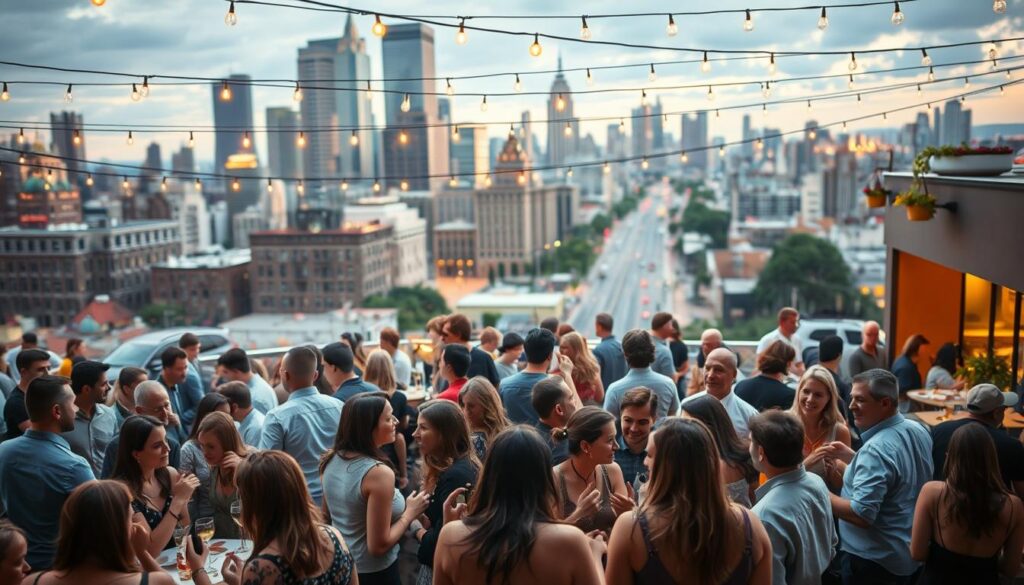 A vibrant cityscape filled with people milling about at a regional speed dating event. In the foreground, groups of singles engaged in lively conversation, gesticulating animatedly. In the middle ground, a stylish cafe setting with cozy tables and string lights overhead, creating a warm, intimate atmosphere. The background features a bustling urban landscape, with towering skyscrapers and the hum of traffic. The lighting is soft and flattering, casting a golden glow over the scene. The overall mood is one of excited anticipation, as singles seek to make meaningful connections in this lively regional gathering.