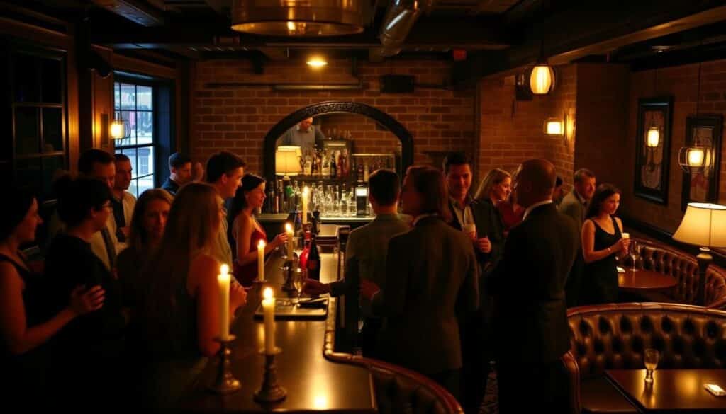 A vibrant scene of a speed dating event held in a cozy, dimly lit lounge in Alton, Illinois. The foreground features a group of smartly dressed singles mingling and conversing animatedly, their faces lit by the warm glow of candlelight. In the middle ground, a bar serves as the focal point, where bartenders expertly mix cocktails for the guests. The background showcases the elegant, vintage-inspired decor of the venue, with plush leather seating, exposed brick walls, and soft, ambient lighting that creates a welcoming, sophisticated atmosphere. The overall mood is one of anticipation, connection, and a touch of romance, perfectly capturing the essence of a lively speed dating event in Alton.
