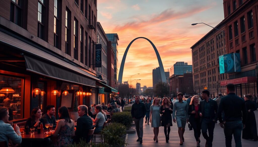A bustling urban scene in downtown St. Louis, Missouri, showcasing the city's vibrant dating scene. In the foreground, a cozy coffee shop with warm lighting and stylish patrons mingling over drinks. In the middle ground, couples stroll along the sidewalk, taking in the scenic architecture and lively atmosphere. In the background, the iconic Gateway Arch stands tall, framed by a sunset sky painted in hues of orange and pink. The overall mood is one of sophistication, energy, and the promise of new connections.