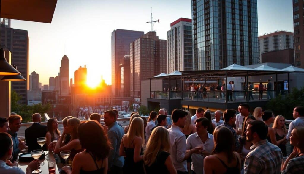 A bustling cityscape in the heart of Buffalo Grove, Illinois, showcasing a variety of singles events and social gatherings. In the foreground, a lively group of young professionals mingles and converses over cocktails in a chic, dimly-lit lounge. Warm lighting and modern decor create an inviting atmosphere, while the middle ground features a vibrant outdoor event, such as a rooftop party or an open-air concert, with couples and groups enjoying the summer evening. In the background, the silhouettes of high-rise buildings and a gently setting sun set the scene, hinting at the diverse range of social opportunities available to the local singles community.