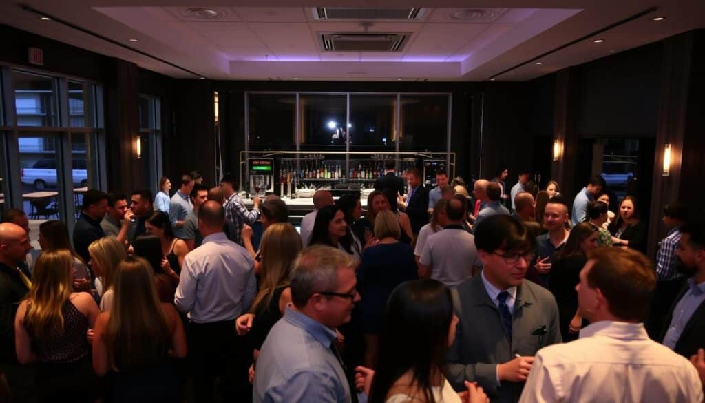 A lively singles mixer event in a well-lit, modern event space. In the foreground, groups of people engaged in lively conversations, dressed in smart casual attire. The middle ground features a bar area with bartenders and patrons mingling, creating a vibrant social atmosphere. The background showcases the venue's sleek, contemporary design with large windows letting in natural light. Soft mood lighting sets the tone, and the overall scene conveys an inviting, energetic vibe perfect for a speed dating gathering in Romeoville, Illinois.