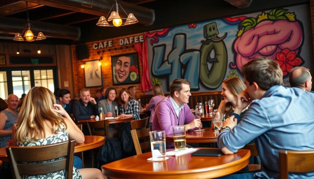 A lively speed dating event in downtown Urbana, Illinois. The bustling scene unfolds in a cozy café, its warm lighting and rustic charm creating an inviting atmosphere. Couples sit across intimate tables, engaged in animated conversation, their faces alight with the thrill of new connections. In the background, a vibrant mural adorns the wall, adding a touch of local character. The image captures the excitement and potential of speed dating, showcasing the unique charm of Urbana as the perfect setting for these memorable encounters.