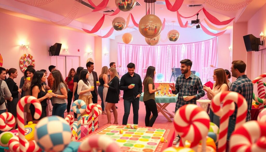 A vibrant Candyland-themed speed dating event set in a whimsical, pastel-colored room. In the foreground, a group of casually dressed singles mingle and converse over cups of colorful beverages, surrounded by oversized candy canes, lollipops, and gumdrops. The middle ground features a playful game area with life-sized candy-inspired board games and activities. In the background, a stage adorned with disco balls and sparkling lights sets the mood for music and entertainment. Warm, soft lighting casts a cozy, intimate atmosphere, as couples laugh and connect amid the fantastical, sugar-coated decor.