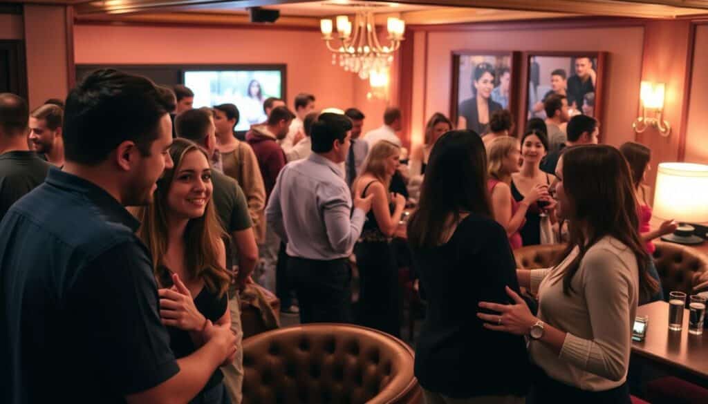 A lively speed dating event in the heart of Algonquin, Illinois, where singles mingle and connect under the warm glow of tasteful lighting. In the foreground, two individuals engaged in lively conversation, their body language suggesting a budding connection. The middle ground reveals a diverse array of men and women, each with a hopeful expression, navigating the social dance of speed dating. In the background, a cozy lounge setting with plush seating and discreet decor, creating an inviting atmosphere conducive to relaxed yet meaningful interactions. The scene radiates a sense of energy, optimism, and the promise of new relationships forged in this vibrant Illinois community.