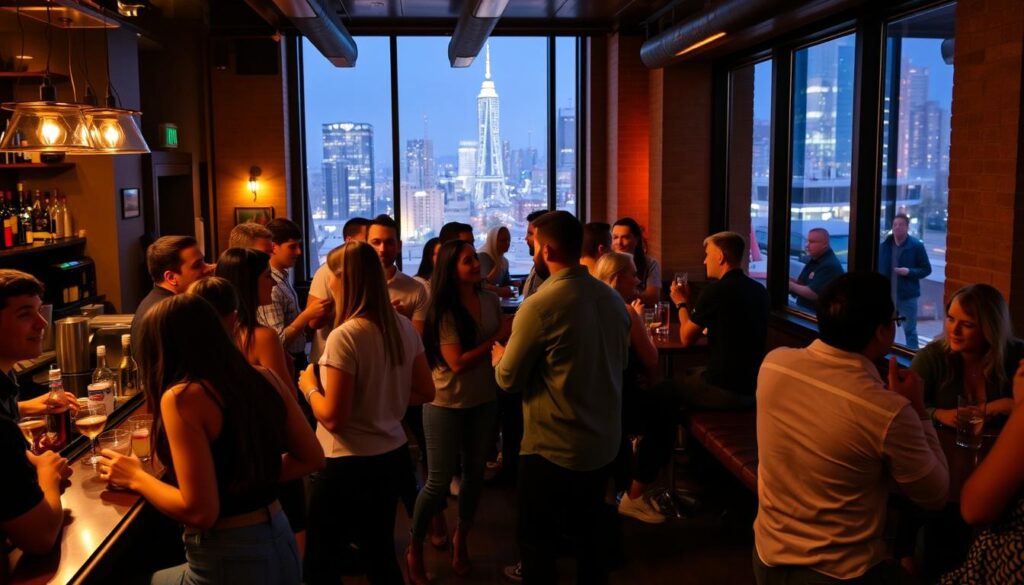 A cozy and lively singles mixer in Chicago's charming Easy Street neighborhood. In the foreground, a group of casually dressed young professionals mingle and converse over craft cocktails at a dimly lit bar. Warm lighting casts a gentle glow, creating an inviting atmosphere. In the middle ground, couples and groups chat and laugh at high-top tables, the energy buzzing with lively conversation. The background reveals the city skyline through large windows, the iconic Hancock Tower glimmering in the distance. An intimate, fun-filled gathering where singles connect, the scene exuding an effortless, urban vibe perfect for a speed dating event in Elk Grove Village.