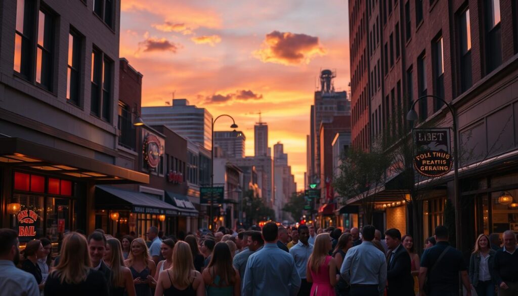 A bustling city street in Elk Grove Village, Illinois, bathed in the warm glow of dusk. In the foreground, groups of well-dressed individuals mingle, laughing and conversing animatedly, suggesting a lively singles event nearby. In the middle ground, the facades of charming local establishments line the sidewalks, their windows and neon signs beckoning passersby. In the background, the silhouettes of high-rise buildings and a few billowing clouds set against a vibrant, orange-hued sky, creating a sense of energy and excitement. The overall scene conveys the vibrant social atmosphere and array of dating opportunities available to singles in this thriving suburb of Chicago.