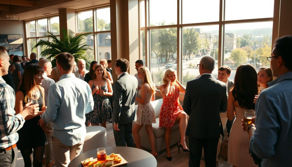 A vibrant, sun-lit scene of a lively singles event in Highland Park, Illinois. In the foreground, well-dressed individuals mingle and converse animatedly over drinks and hors d'oeuvres. The middle ground features a stylish lounge area with comfortable seating, soft lighting, and elegant décor that invites guests to relax and engage. In the background, large windows offer a glimpse of the picturesque Highland Park cityscape, with its tree-lined streets and charming architecture. The mood is one of casual sophistication, with an air of excitement and possibility as new connections are made. A 35mm lens captures the scene in a warm, cinematic style that evokes the welcoming and inclusive atmosphere of this unique speed dating event.