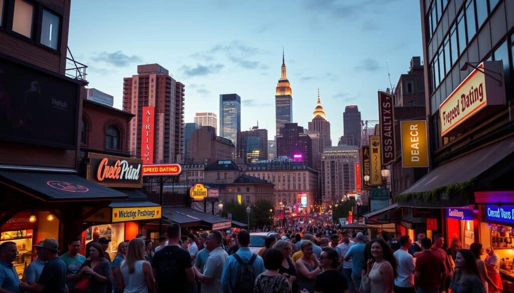 A bustling city skyline at dusk, with the glow of street lamps and neon signs illuminating the streets below. In the foreground, a group of casually dressed people gathering around a lively speed dating event, animated conversations and laughter filling the air. The middle ground showcases vibrant storefronts, trendy restaurants, and a diverse mix of people mingling. The background features a network of high-rise buildings, their windows glimmering in the fading sunlight, creating a sense of urban energy and possibility. The scene is captured with a cinematic wide-angle lens, conveying a sense of immersion and community.