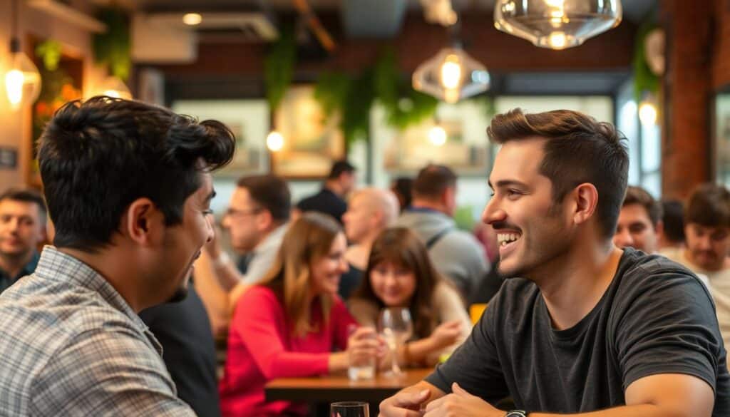 A bustling speed dating event in a cozy cafe, the air brimming with anticipation. In the foreground, two individuals engaged in lively conversation, their expressions animated and eager. The middle ground showcases a diverse mix of participants, each finding their own connection amid the lively chatter and laughter. The background is softly lit, with warm lighting casting a welcoming glow, accentuating the sense of community and camaraderie. The scene evokes the benefits of speed dating - the opportunity to forge new relationships, discover shared interests, and cultivate meaningful connections in a vibrant, social setting.