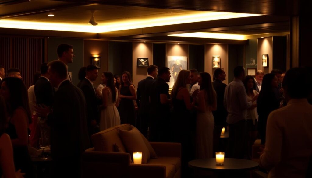 A dimly lit, intimate event space in Wilmette, Illinois. In the foreground, a group of stylishly dressed singles mingle and converse, their faces alight with friendly smiles. The middle ground showcases a cozy seating area, where potential partners engage in lively discussions, the soft glow of candles casting a warm, inviting ambiance. The background features modern decor and discreet lighting, creating a sophisticated, yet welcoming atmosphere for the Wilmette speed dating event. The overall scene captures the excitement and potential of new connections being forged in this local community.