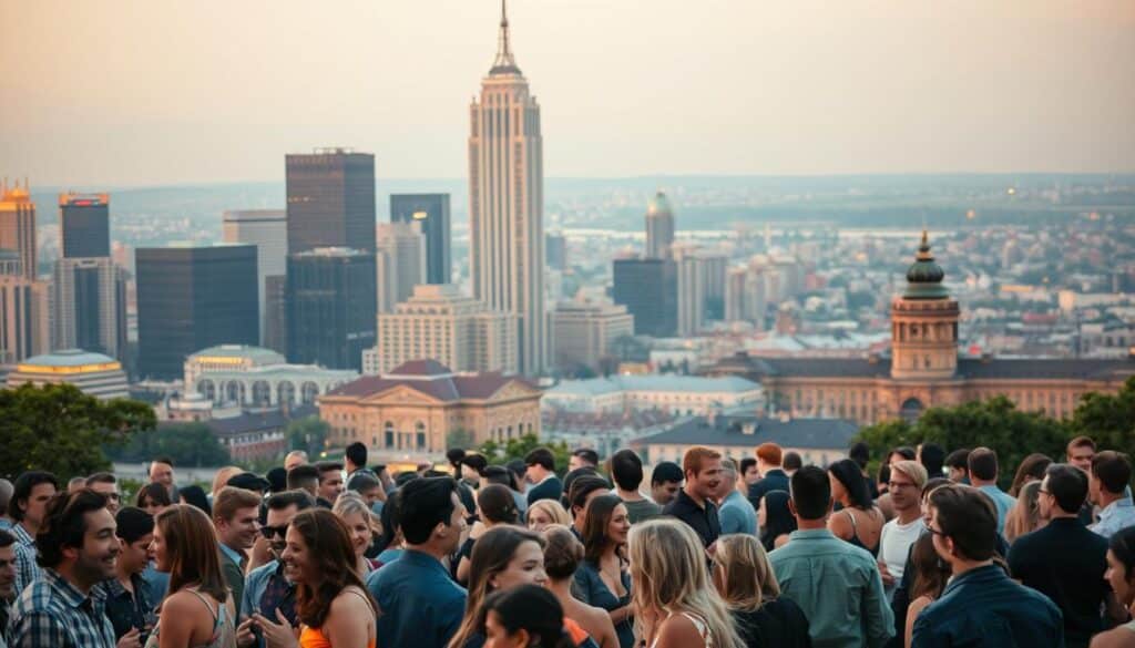 A bustling cityscape of nearby towns, illuminated by warm evening light. In the foreground, a crowd of singles mingling and laughing at an outdoor social event, their faces alight with excitement. In the middle ground, towering skyscrapers and historic buildings provide an elegant urban backdrop. The background fades into a hazy horizon, suggesting the presence of other nearby cities. The scene is captured with a wide-angle lens, conveying a sense of energy and community. The overall mood is vibrant, inviting, and conducive to making new connections.