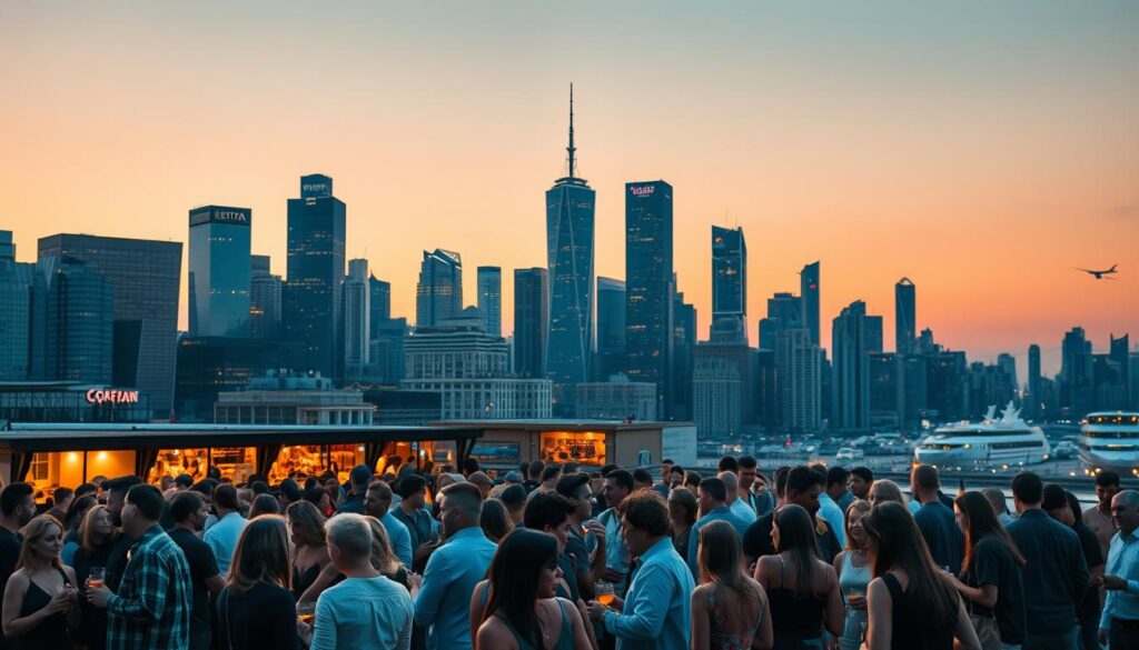 A bustling city skyline at dusk, with skyscrapers and high-rise buildings illuminated against a warm, golden sky. In the foreground, a lively crowd of young professionals mingles at an outdoor speed dating event, sipping drinks and engaged in lively conversation. Soft, romantic lighting casts a flattering glow over the scene, and the atmosphere is one of excitement and anticipation. The middle ground features a variety of trendy cafes, bars, and event spaces, hinting at the diverse dating opportunities available in this vibrant urban landscape. The background showcases the silhouettes of other nearby cities, suggesting a wealth of exciting speed dating alternatives for those seeking new connections.