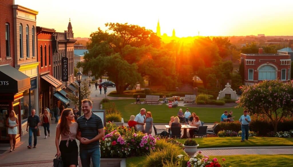 A vibrant cityscape in Belvidere, Illinois, with couples engaged in various creative date activities. In the foreground, a couple strolling through a charming town square, holding hands and admiring the local boutiques and cafes. In the middle ground, a group of friends enjoying a picnic in a lush, well-manicured park, surrounded by blooming flowers and towering oak trees. In the background, a stunning sunset casts a warm, golden glow over the historic buildings, with the distant silhouettes of the city's iconic landmarks. The scene exudes a sense of community, romance, and a vibrant, youthful energy, perfectly capturing the essence of "Creative Date Ideas for Belvidere Singles".