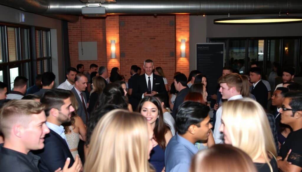 A bustling indoor event space in downtown Rockford, Illinois, illuminated by warm, ambient lighting. In the foreground, a group of young professional singles mingle and converse, their expressions animated and engaged. In the middle ground, a smartly dressed host guides the event, facilitating introductions and interactions. The background showcases the modern, industrial-chic decor of the venue, with exposed brick walls and sleek furnishings creating an inviting atmosphere for the dynamic social gathering.