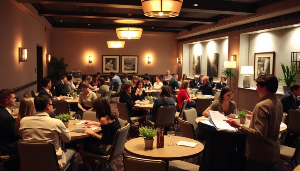 A well-lit, cozy event space filled with small circular tables, each hosting a pair of smartly dressed singles engaged in lively conversation. The soft glow of wall sconces and pendant lights creates an inviting ambiance, while thoughtfully placed potted plants and modern artwork add touches of elegance. Across the room, a registration table is attended by a friendly host, clipboard in hand, guiding participants through the structured dating process. The overall scene conveys a sense of anticipation and connection, as the singles navigate this organized social gathering designed to facilitate meaningful interactions.