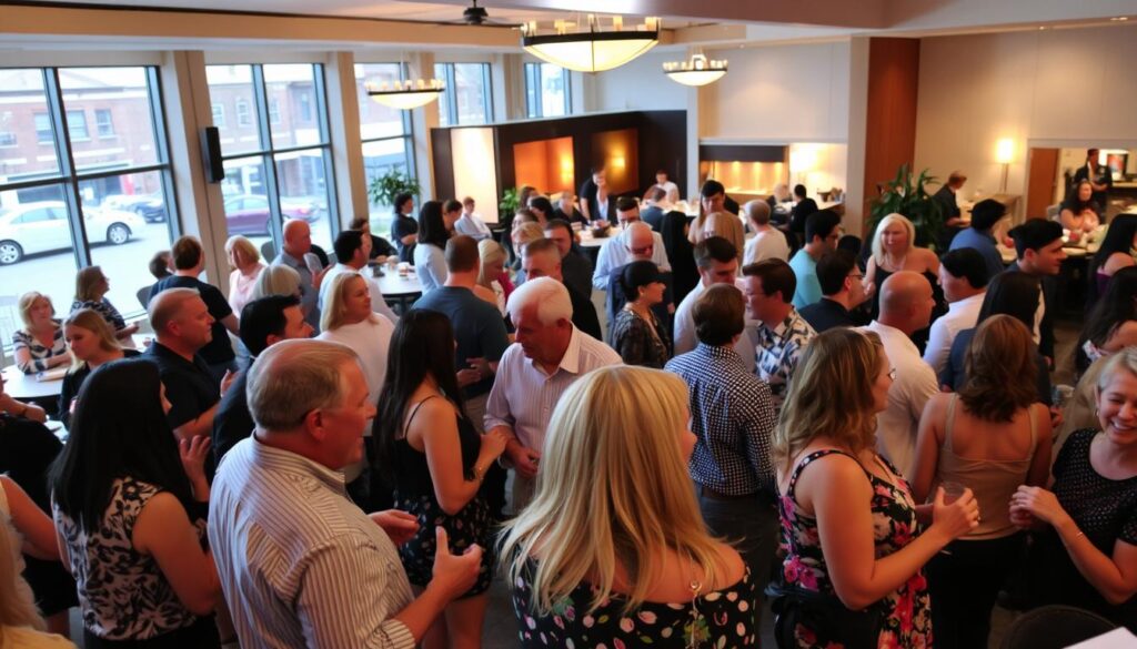 A bustling singles event at a lively community center in Machesney Park, Illinois. In the foreground, a group of diverse individuals engaged in lively conversations, their body language and expressions conveying a sense of excitement and connection. Soft, warm lighting casts a cozy glow, while the middle ground features stylishly decorated event spaces, with modern furnishings and tasteful decor. In the background, the image captures the vibrant atmosphere of the town, with glimpses of the local streets and buildings, hinting at the thriving community that fosters these engaging social gatherings.