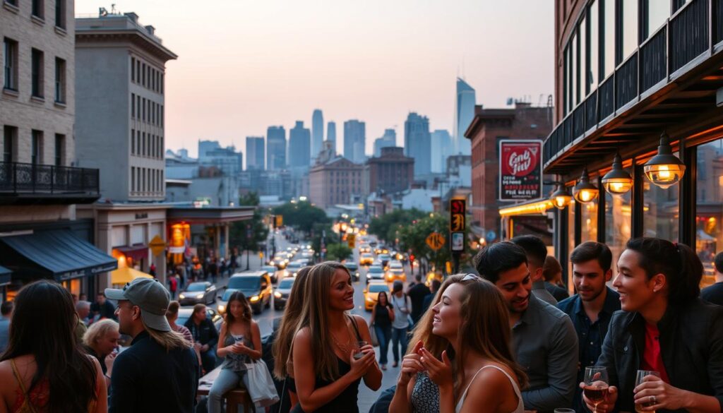 A lively urban scene depicting nearby cities offering exciting speed dating events. In the foreground, stylishly dressed young adults mingle and converse in a cozy cafe, their faces lit by warm, amber lighting. In the middle ground, the bustling streets of a vibrant downtown area are visible, with people hurrying along sidewalks and cars passing by. In the background, the silhouettes of skyscrapers and landmarks from neighboring metropolitan areas stand tall against a subtly hazy, dusky sky. The overall atmosphere exudes an air of energy, sophistication, and the promise of new connections.
