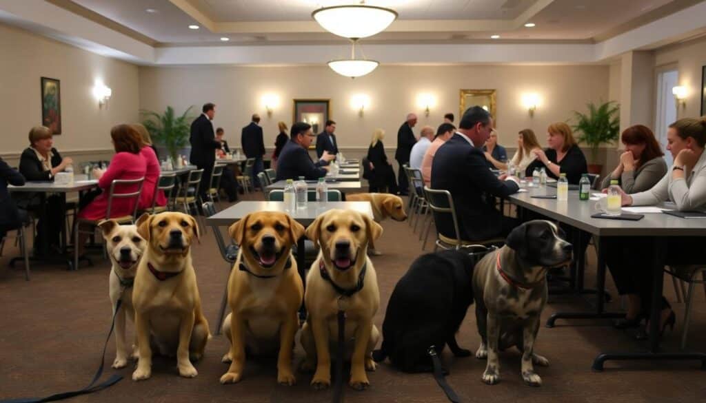 A well-lit indoor event space, with rows of small tables arranged for speed dating. In the foreground, a group of friendly dogs of various breeds sit patiently, leashed and ready to join their owners for lively interactions. The middle ground depicts smartly dressed people engaged in animated conversations, occasionally glancing down at their canine companions. The background showcases a warm, inviting atmosphere with soft lighting, potted plants, and subtle decorations that evoke a cozy, welcoming ambiance. A sense of energy, connection, and joy permeates the scene, capturing the spirit of a lively speed dating event for pet owners in Carbondale, Illinois.