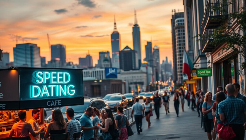 A bustling city skyline at dusk, bathed in warm hues of orange and pink. In the foreground, a cozy cafe with a neon "Speed Dating" sign invites passersby to step inside. Groups of people mingle and converse animatedly, drinks in hand, as they mingle and make connections. The middle ground features a lively street scene, with couples strolling hand-in-hand and groups of friends laughing and chatting. In the background, skyscrapers and high-rises rise up, creating a dynamic urban landscape. The overall atmosphere is one of energy, excitement, and the promise of new romantic possibilities.