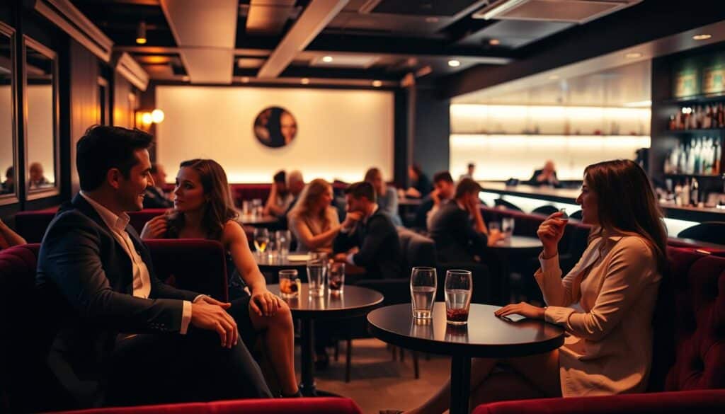 A cozy, dimly lit speed dating lounge with plush velvet couches and warm ambient lighting. In the foreground, a well-dressed couple engaged in lively conversation, their body language suggesting a connection. In the middle ground, several other pairs seated at small tables, leaning in and gesturing animatedly. The background depicts a sleek, modern bar area, bottles and glassware glistening. A sense of anticipation and possibility fills the air, as singles navigate the delicate dance of making a memorable first impression.