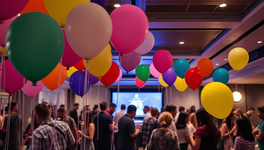 A bustling virtual dating event in East Moline, Illinois, where participants 'Pop the Balloon' to break the ice. In the foreground, an array of colorful balloons float, each waiting to be burst by the eager singles. In the middle ground, groups of people engage in lively conversations, their faces lit by the warm glow of a virtual environment. The background features a sleek, modern interface with subtle design elements that complement the vibrant atmosphere. Soft, diffused lighting casts a welcoming ambiance, while the camera angle captures the dynamic energy of the event, inviting the viewer to imagine themselves as part of this unique speed dating experience.