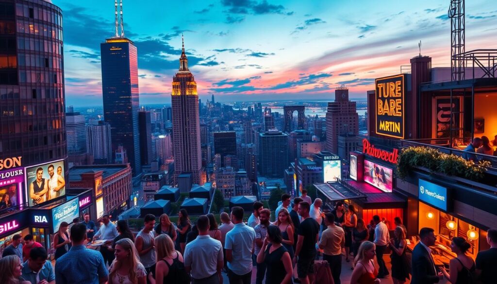 A bustling cityscape with towering skyscrapers and neon-lit streets, set against a vibrant evening sky. In the foreground, groups of young, stylishly dressed singles mingle and converse, the atmosphere electric with anticipation. The middle ground features a variety of trendy bars, restaurants, and event venues, their entrances inviting and abuzz with activity. In the background, the silhouettes of other nearby cities can be seen, their skylines illuminated by the glow of nightlife. Warm, soft lighting casts a romantic glow, while a wide-angle lens captures the dynamic energy and possibilities of this urban hub for singles events.
