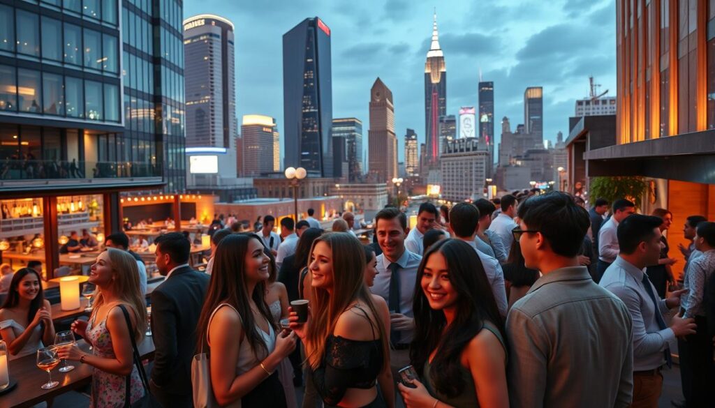A bustling cityscape with vibrant nightlife, sleek modern architecture, and a palpable energy of interconnectivity. In the foreground, a group of stylishly dressed young professionals mingles at an upscale speed dating event, their faces aglow with excitement and anticipation. The middle ground features a dynamic mix of trendy cafes, cocktail lounges, and cozy nooks ideal for intimate conversations. In the background, towering skyscrapers and neon-lit skylines hint at the broader urban landscape, creating a sense of cosmopolitan opportunity. Warm, diffused lighting casts a romantic ambiance, while a wide-angle lens captures the overall scene with a sense of inclusive community.