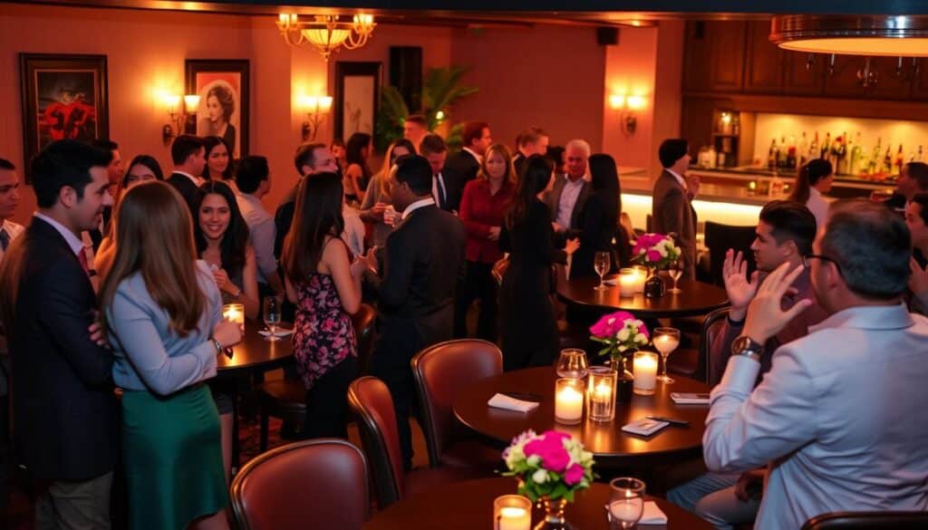 A vibrant in-person speed dating event held in a cozy lounge setting. The foreground features a group of well-dressed singles mingling and engaging in lively conversations, their faces alight with excitement and anticipation. The middle ground showcases a mix of round tables with candles and flower arrangements, creating an intimate and inviting atmosphere. The background features warm lighting, soft jazz music playing, and a stylish bar area where attendees can refresh themselves. The overall scene conveys a sense of energy, connection, and the potential for meaningful encounters, reflecting the advantages of face-to-face dating over online interactions.