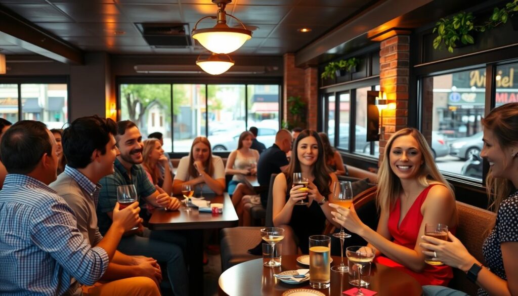A lively social gathering at a cozy bistro in Bellwood, Illinois. In the foreground, a group of singles engaged in animated conversations over drinks and hors d'oeuvres, their faces aglow with anticipation. The middle ground features a mix of tables and lounge seating, creating an inviting and intimate atmosphere. In the background, warm lighting casts a soft, flattering glow, while large windows offer glimpses of the bustling suburban street outside. The overall scene conveys a sense of energy, connection, and the potential for new romantic opportunities.