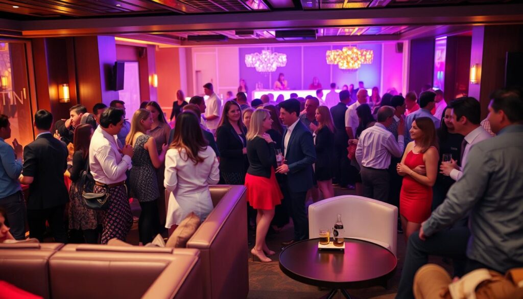 A bustling scene of a vibrant singles event in Bellwood, Illinois. In the foreground, an intimate lounge setting with sleek modern furniture and warm lighting, setting the stage for lively conversations and connections. In the middle ground, groups of stylishly dressed individuals mingling and exchanging lively banter, their expressions animated and hopeful. In the background, the subtle glow of a bar area and the soft murmur of upbeat music, creating an inviting and social atmosphere. The scene is captured with a cinematic wide-angle lens, emphasizing the energy and dynamism of the event, inviting the viewer to imagine themselves as part of this dynamic social gathering.