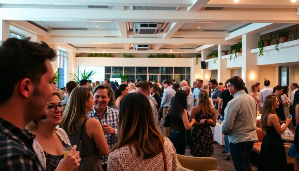 A large, well-lit event space with modern decor and comfortable seating. In the foreground, a group of people engaged in lively conversation, their faces lit by warm ambient lighting. Middle ground features a mix of individuals and couples mingling, some sipping drinks, others exchanging contact information. The background showcases an open floor plan with high ceilings, potted plants, and soft music playing, creating a relaxed, inviting atmosphere. Soft, natural tones and a sense of energy and possibility permeate the scene, reflecting the joy and anticipation of new connections being made.