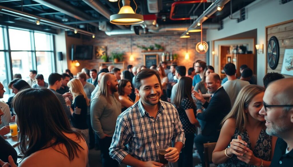A bustling speed dating event in Brookfield, Illinois, captured through the lens of a wide-angle camera. In the foreground, a group of enthusiastic singles mingle and converse, their expressions animated and engaged. The middle ground showcases the warm, intimate atmosphere of the venue, with cozy seating arrangements and soft lighting that creates a welcoming ambiance. In the background, the backdrop is a blend of modern and vintage elements, reflecting the charming character of Brookfield. The overall scene conveys a sense of excitement, connection, and the genuine opportunity for meaningful encounters that speed dating in this vibrant town provides.