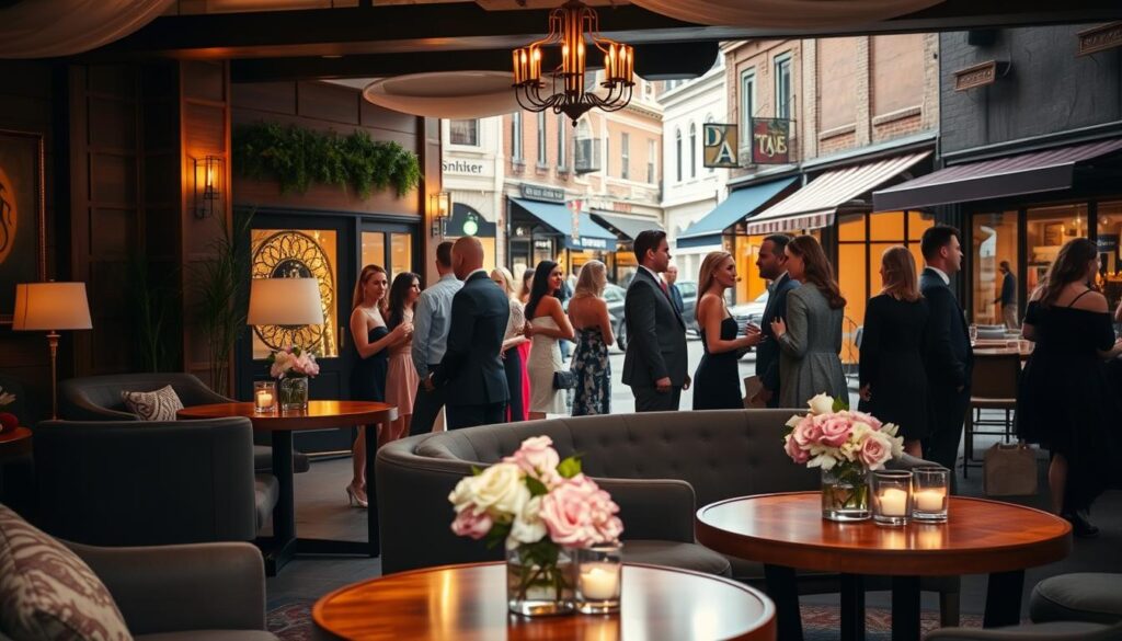 A cozy, inviting scene of an upcoming speed dating event in the heart of Brookfield, Illinois. In the foreground, a beautifully decorated event space, with comfy couches, dimmed lighting, and elegant floral centerpieces on wooden tables. In the middle ground, a group of stylishly dressed individuals mingling and chatting, their faces alight with anticipation and excitement. The background showcases the charming streets of Brookfield, with quaint shops and a warm, welcoming ambiance. The overall mood is one of sophistication, connection, and the promise of new opportunities. Soft, natural lighting bathes the scene, creating a intimate, romantic atmosphere.