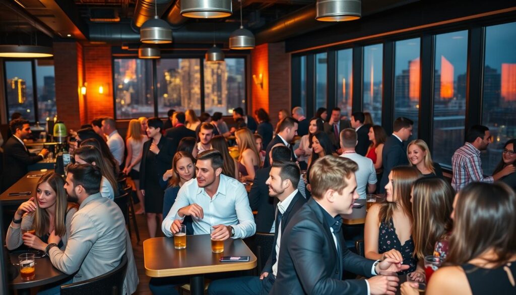 A bustling speed dating event at a trendy bar in a nearby city, illuminated by warm lighting and filled with stylishly dressed young professionals mingling and engaging in lively conversation. In the foreground, a group of men and women sit at small tables, exchanging glances and sharing laughter. The middle ground showcases the vibrant atmosphere, with bartenders serving cocktails and couples moving between tables. In the background, the city skyline is visible through large windows, creating a sense of urban sophistication. The scene is captured with a shallow depth of field, drawing the viewer's eye to the intimate interactions at the center of the frame.