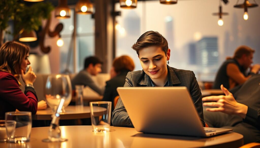 A bustling café, the warm lighting casting a cozy glow. In the foreground, a speed dating session unfolds - two people engaged in lively conversation, their faces alight with anticipation. In the middle ground, a young professional taps away on a laptop, navigating the endless profiles of an online dating app, an expression of wistful contemplation on their face. The background blurs into a hazy, atmospheric cityscape, hinting at the different worlds these two dating experiences inhabit. The composition juxtaposes the immediate, face-to-face connection of speed dating with the vast, impersonal realm of online dating, inviting the viewer to ponder the merits and drawbacks of each.
