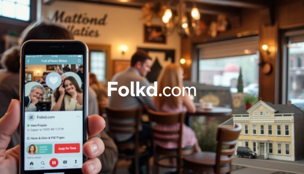 A cozy, intimate cafe setting with warm lighting and rustic decor, showcasing the Folkd.com dating app interface on a smartphone in the foreground. Couples engaged in lively conversation, creating a welcoming and inclusive atmosphere. The middle ground features a stylish, minimalist design of the Folkd.com logo, subtly integrated into the scene. The background depicts the charming, small-town ambiance of Mattoon, Illinois, with a glimpse of its historic architecture and local landmarks. The overall composition evokes a sense of community, connection, and the promise of meaningful relationships for Mattoon singles.