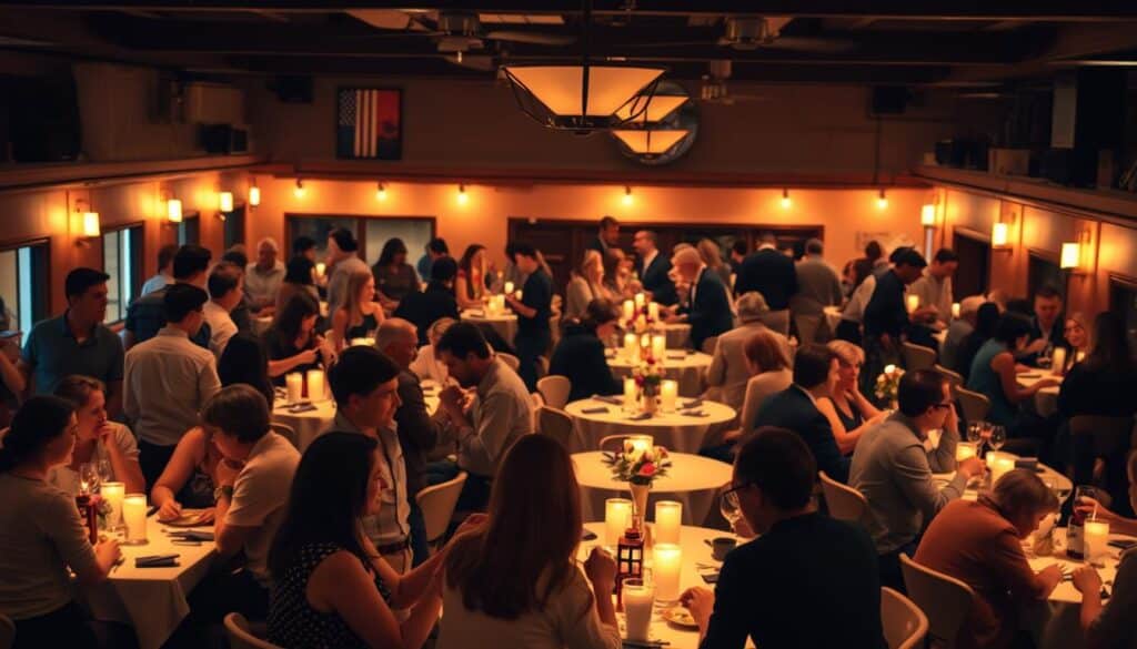 A bustling speed dating event in the heart of Wauconda, Illinois. The scene is set with a warm, inviting atmosphere, bathed in soft, incandescent lighting that casts a cozy glow over the intimate gathering. In the foreground, pairs of singles engaged in lively conversation, their body language exuding a mix of nervous excitement and hopeful anticipation. The middle ground is dotted with clusters of tables, each adorned with simple yet elegant decor, encouraging an easy flow of interaction. In the background, a subtle, ambient soundtrack sets the mood, complementing the overall sense of connection and possibility. The composition captures the essence of the speed dating experience, inviting the viewer to envision themselves as a participant, eager to forge new relationships in this vibrant Wauconda community.