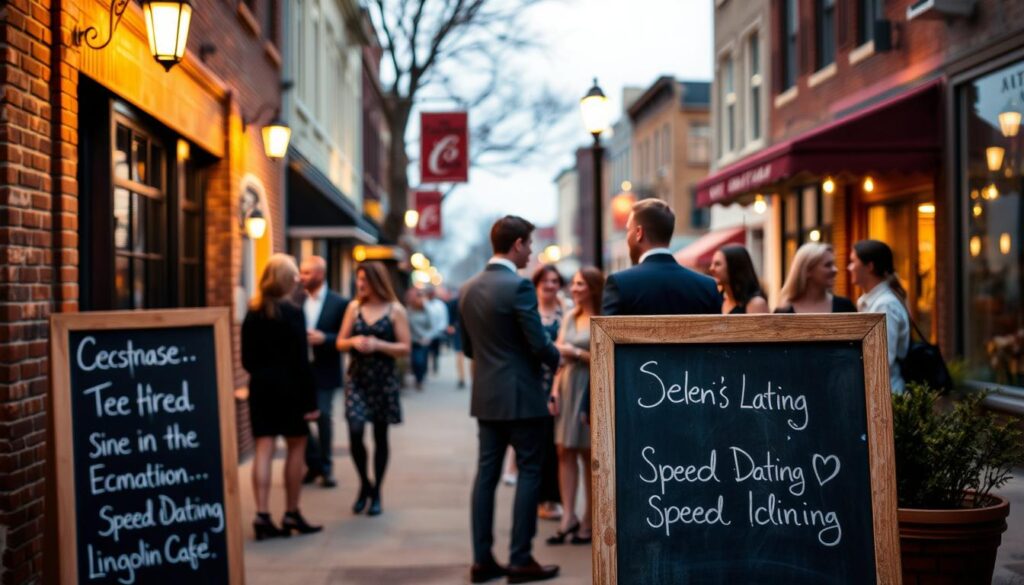 A bustling street in downtown Lincoln, Illinois, with a warm, inviting atmosphere. In the foreground, a chalkboard sign advertises an upcoming speed dating event, its handwritten text standing out against the brick facade of a cozy cafe. In the middle ground, well-dressed singles mingle on the sidewalk, exchanging friendly conversation and laughter. The background features historic buildings and lampposts casting a soft, ambient light, creating a charming, small-town ambiance. The overall scene conveys a sense of anticipation and possibility, hinting at the connections and experiences that may unfold at the upcoming speed dating event.