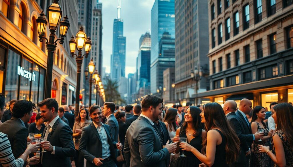 A bustling urban street scene in downtown Chicago, with well-dressed young professionals gathered in small groups, engaged in lively conversation over drinks and hors d'oeuvres. The ambiance is warm and inviting, with soft lighting from elegant street lamps casting a cozy glow. In the foreground, a group of men and women at a speed dating event, making eye contact and exchanging introductions amidst playful laughter. The background features the iconic skyline of Chicago, its towering skyscrapers and historic architecture creating a dynamic and cosmopolitan atmosphere. The overall composition conveys a sense of excitement, connection, and the vibrant social scene of this Midwest metropolis.