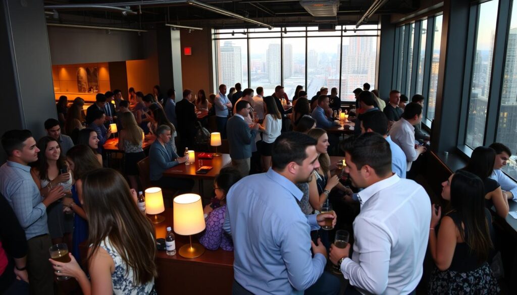 A vibrant speed dating event in the heart of Northlake, Illinois. In the foreground, a group of young professionals mingle and converse animatedly, drinks in hand. The middle ground features cozy, intimate seating areas where pairs engage in lively discussions, the mood lit by the warm, subtle glow of table lamps. In the background, the venue's sleek, modern decor and large windows offer a glimpse of the bustling Northlake cityscape beyond. The scene exudes an atmosphere of opportunity, excitement, and the potential for meaningful connections to blossom. Captured with a wide-angle lens to showcase the dynamic energy of the event.