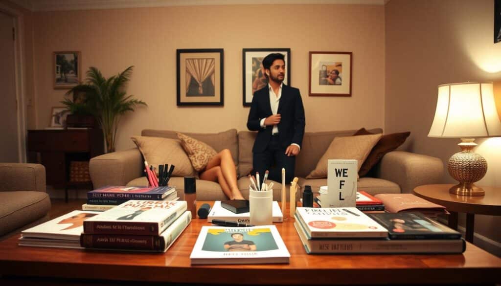 A cozy, well-lit room with a coffee table in the foreground, adorned with various self-help books, make-up, and grooming essentials, conveying an intimate setting for speed dating preparation. In the middle ground, two stylishly dressed individuals, one male and one female, engaged in a friendly conversation, their body language suggesting a relaxed and confident atmosphere. The background features a warm, inviting color palette, with subtle artwork or decor elements that complement the scene. Soft, diffused lighting creates a welcoming ambiance, while the camera angle captures the scene from a slightly elevated perspective, providing a comprehensive view of the situation.