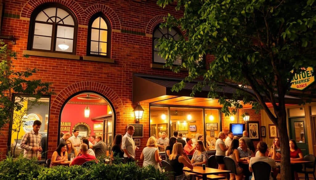 A vibrant social club in the heart of Herrin, Illinois, bathed in warm, inviting lighting. The exterior features a classic brick facade with arched windows, surrounded by lush greenery and quaint storefronts. Inside, the atmosphere is lively, with groups of people engaged in lively conversation and activities, creating a welcoming environment for singles to mingle and connect. The scene is captured through a wide-angle lens, showcasing the club's inviting ambiance and the diverse social dynamic within.