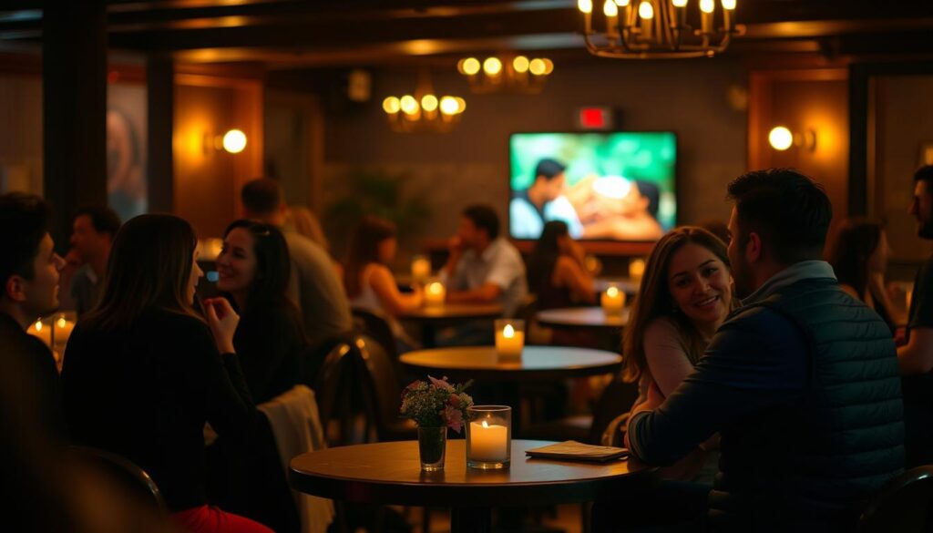 A cozy, intimate speed dating event in a warm, inviting lounge setting. Dimly lit with soft, romantic lighting. Round tables scattered throughout, each with a small floral centerpiece. Couples engaged in animated conversation, their expressions conveying a mix of excitement and nervousness. The background is blurred, creating a sense of focus on the interpersonal interactions. The atmosphere is relaxed, with a touch of anticipation in the air.