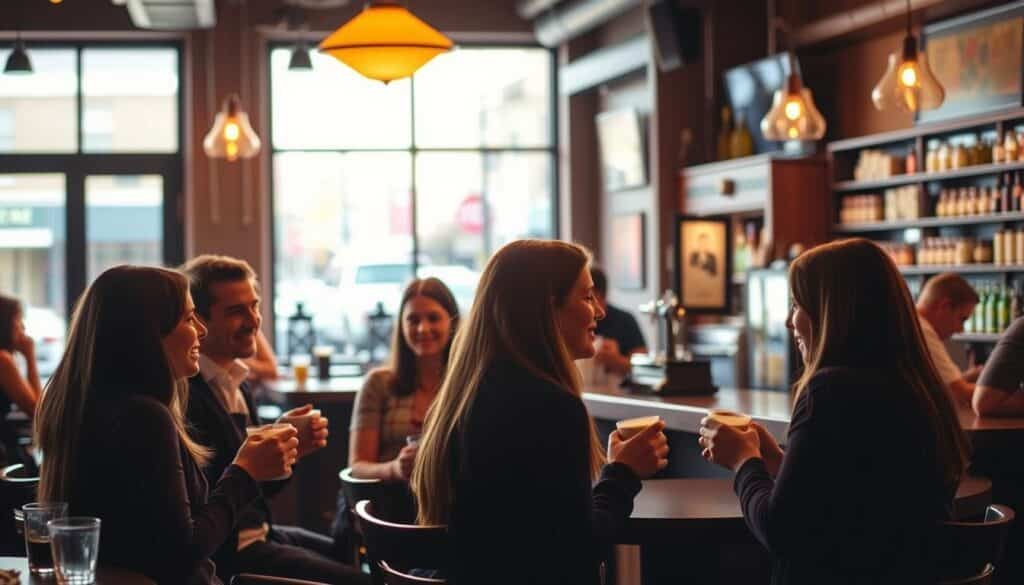 A cozy cafe interior in Fishers, Indiana, illuminated by warm, soft lighting. In the foreground, a group of people engaged in lively conversation, their expressions animated as they lean in towards each other, cups of coffee or tea in hand. The middle ground features an inviting bar area, where a bartender expertly mixes drinks. In the background, large windows offer a glimpse of the bustling streets outside, hinting at the vibrant community atmosphere. The scene evokes a sense of connection, opportunity, and the potential for meaningful interactions - the benefits of speed dating in this charming Midwestern town.