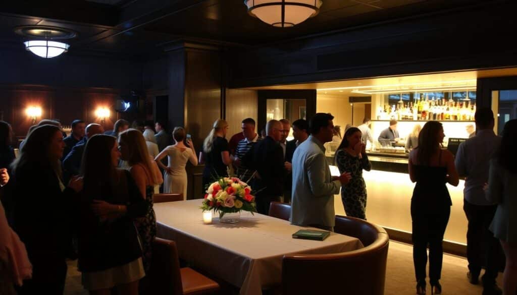 A well-lit, intimate venue with a warm, inviting atmosphere. In the foreground, a group of singles mingling, some making eye contact, others engaged in lively conversation. The middle ground features a long table adorned with an elegant floral centerpiece, surrounded by cozy seating areas. In the background, a softly lit bar area where drinks are being served, adding to the social ambiance. The overall scene captures the essence of a "Lock and Key" singles event, where potential connections can be made in a comfortable, stylish setting.